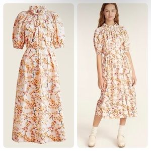 NWT j crew smocked puff sleeve cherry blossom midi dress large